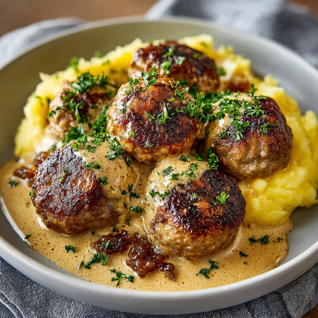 A plate of meatballs in a creamy sauce.
