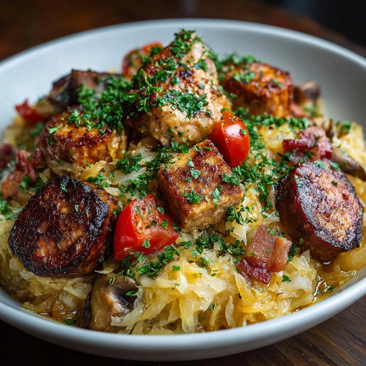 Bigos: Aromatyczny gulasz z kiszonej kapusty, mięs i grzybów. Idealny na rozgrzewający, sycący obiad.