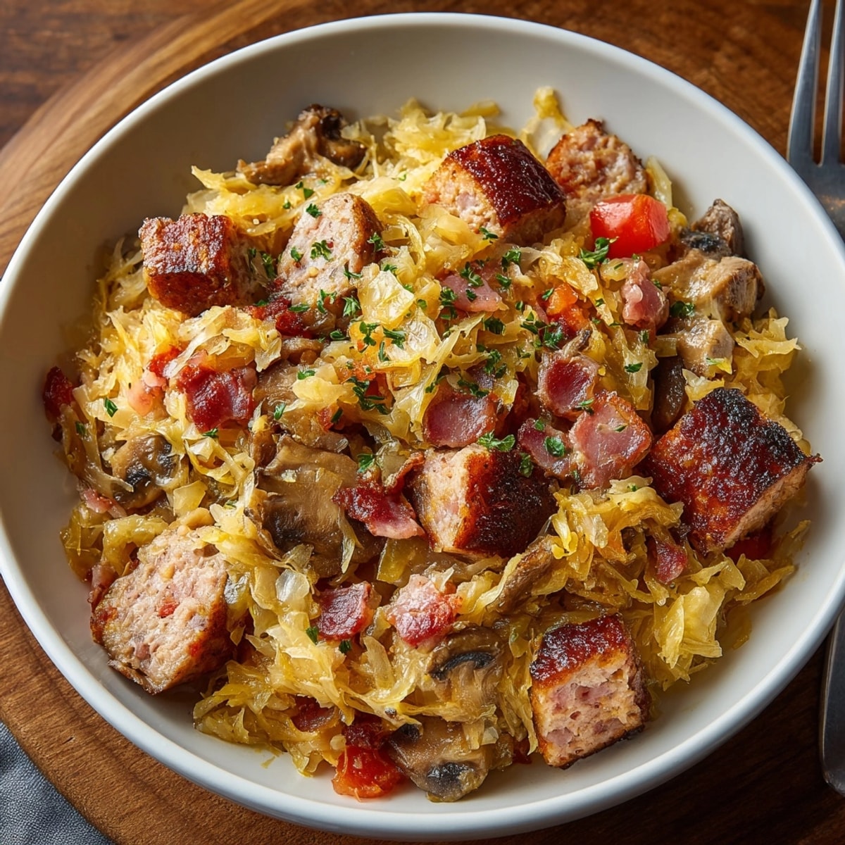 Bigos: Zdjęcie parującego, polskiego dania, bogatego w chrupiącą kapustę i różne rodzaje mięs, gotowego do jedzenia.