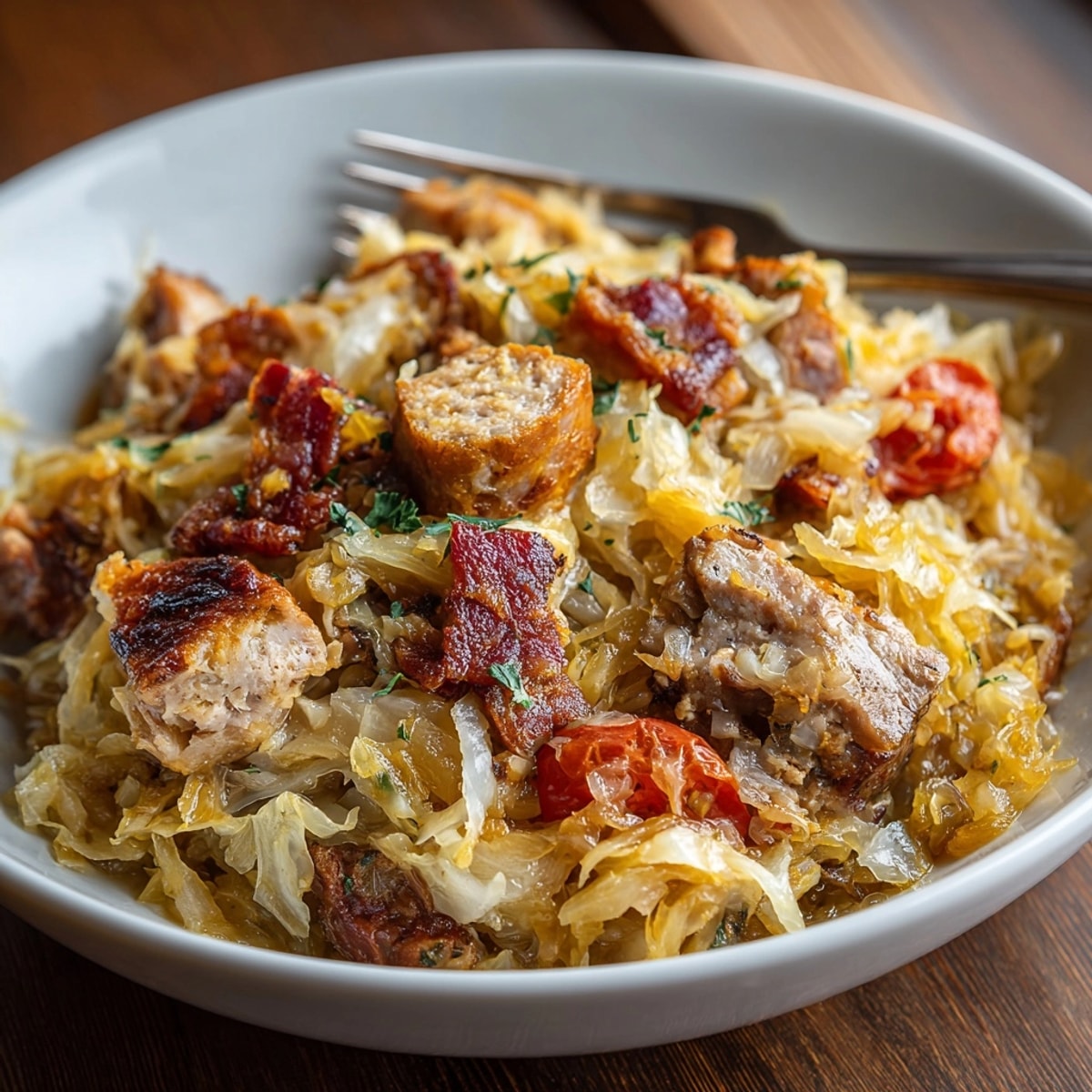 Bigos: Widok z góry pysznego, domowego bigosu, idealnie doprawionego i gotowego do podania z pieczywem.