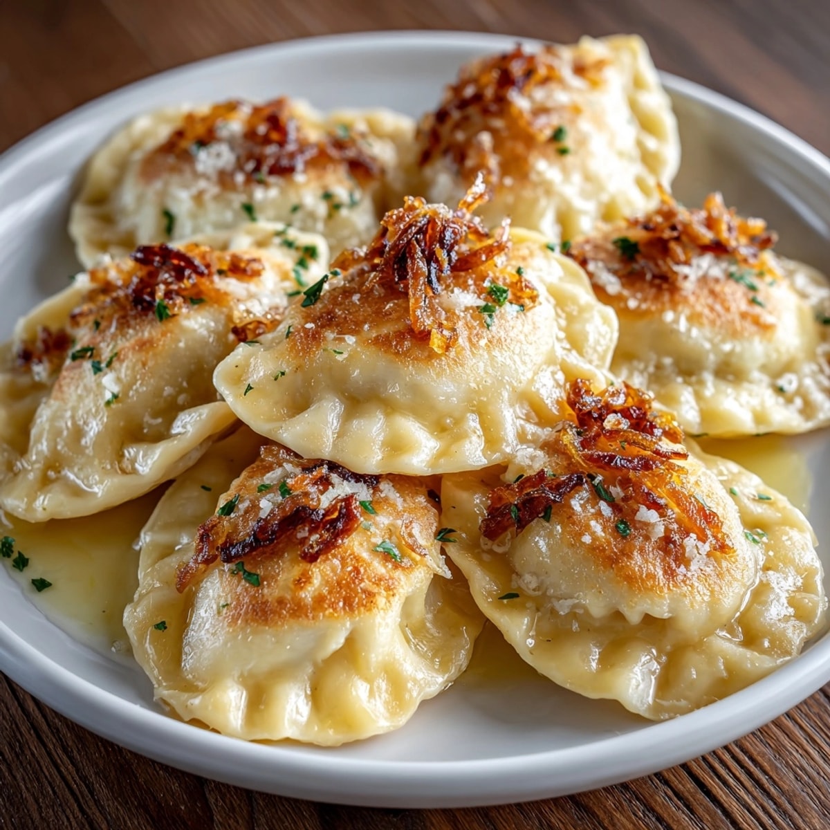 Pierogi ruskie z kremowym nadzieniem ziemniaczano-serowym, gotowe do polania brązowym masłem i podania.