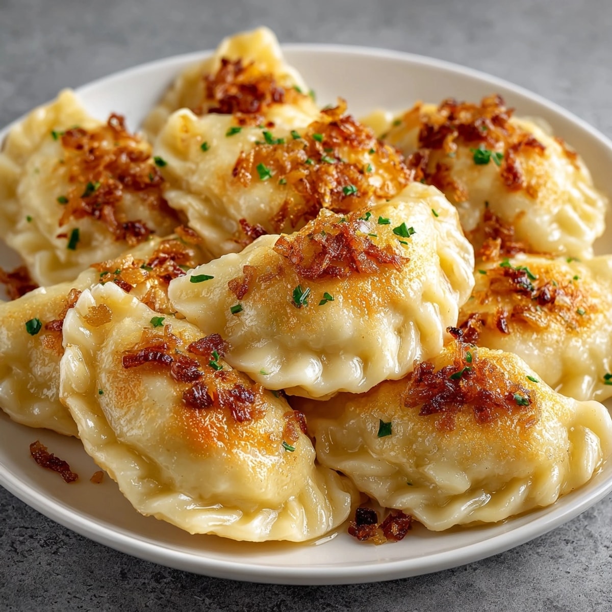 Pyszne pierogi ruskie, ręcznie lepione i gotowane; miękkie ciasto kryje bogate, aromatyczne wnętrze.