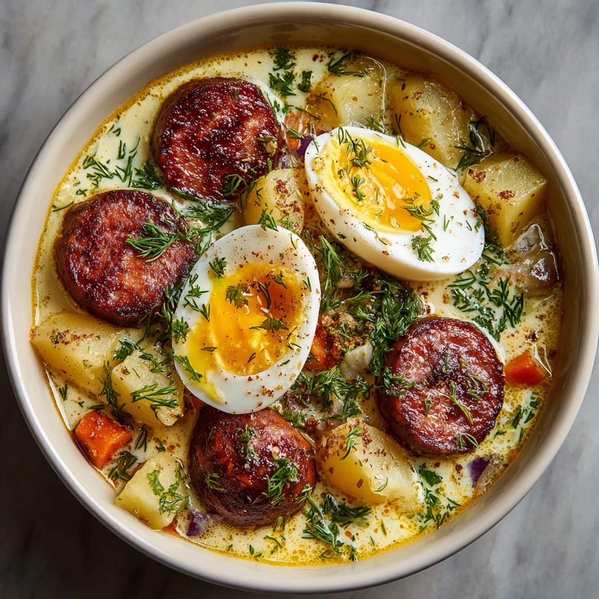 Żurek: Un repas polonais réconfortant à base de seigle酸味, saucisse fumée et d'œuf dur.