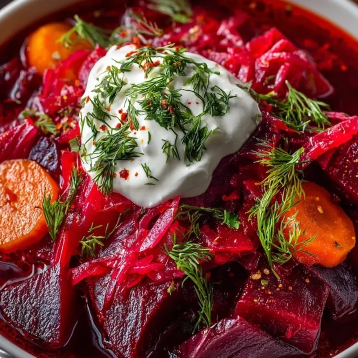 Garnished Simple Red Beet Soup: a vibrant swirl of pink, dill, and cream.