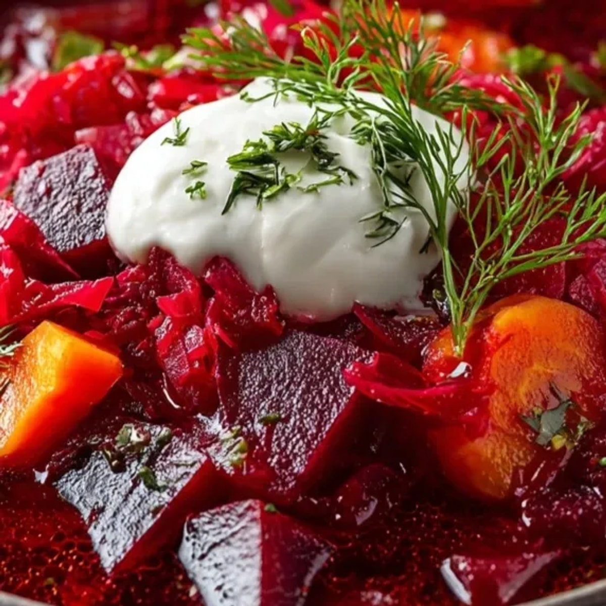 Comforting bowl of Simple Red Beet Soup, steaming, with dill and vegan cream.