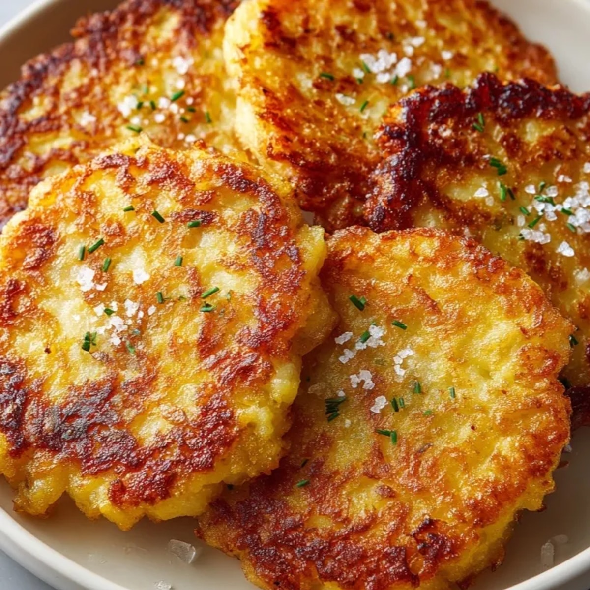 Złociste placki ziemniaczane, chrupiące po usmażeniu, idealny dodatek lub pyszne śniadanie.