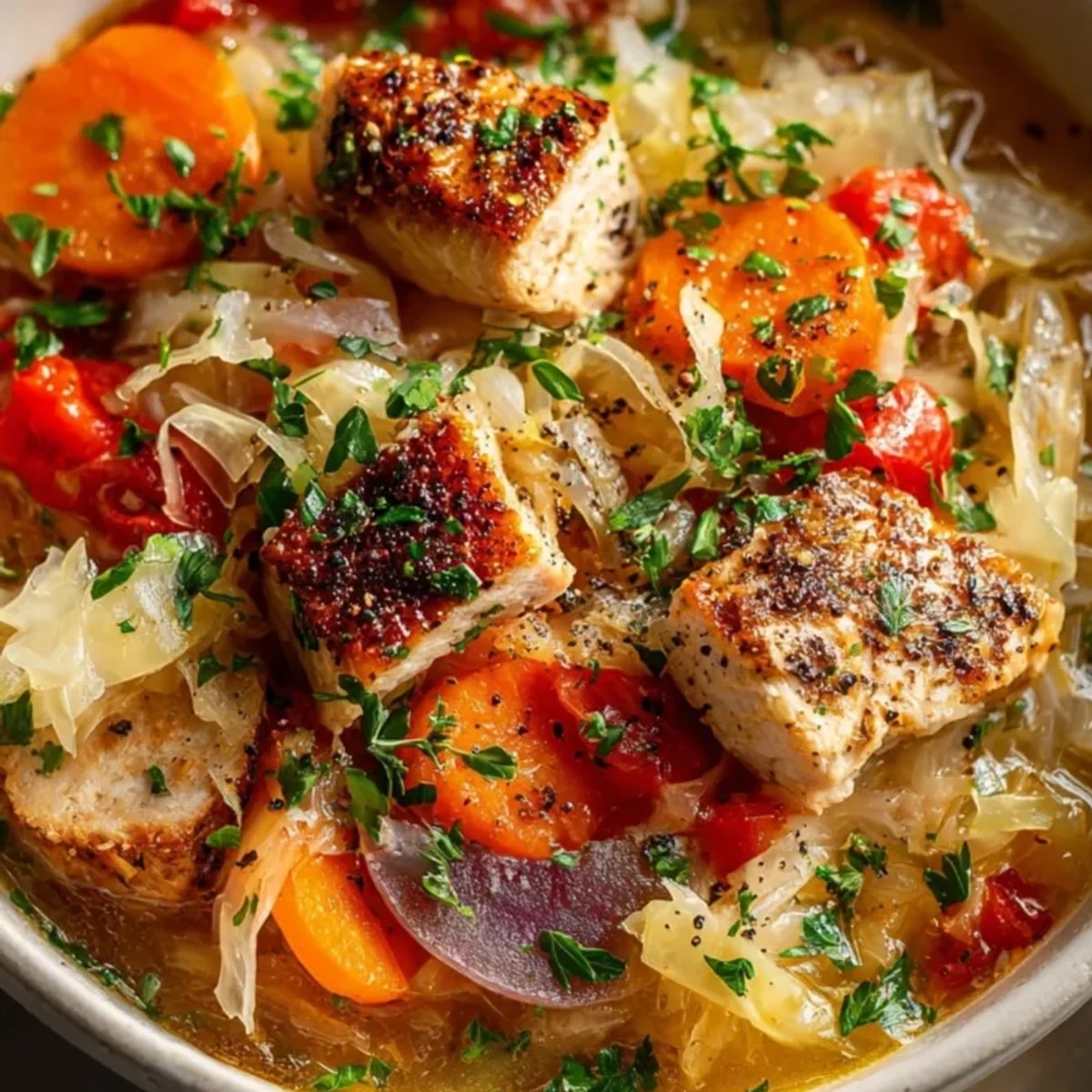 Delikatny polski kapuśniak z lekką nutą wędzonej kiełbasy i świeżej kapusty.