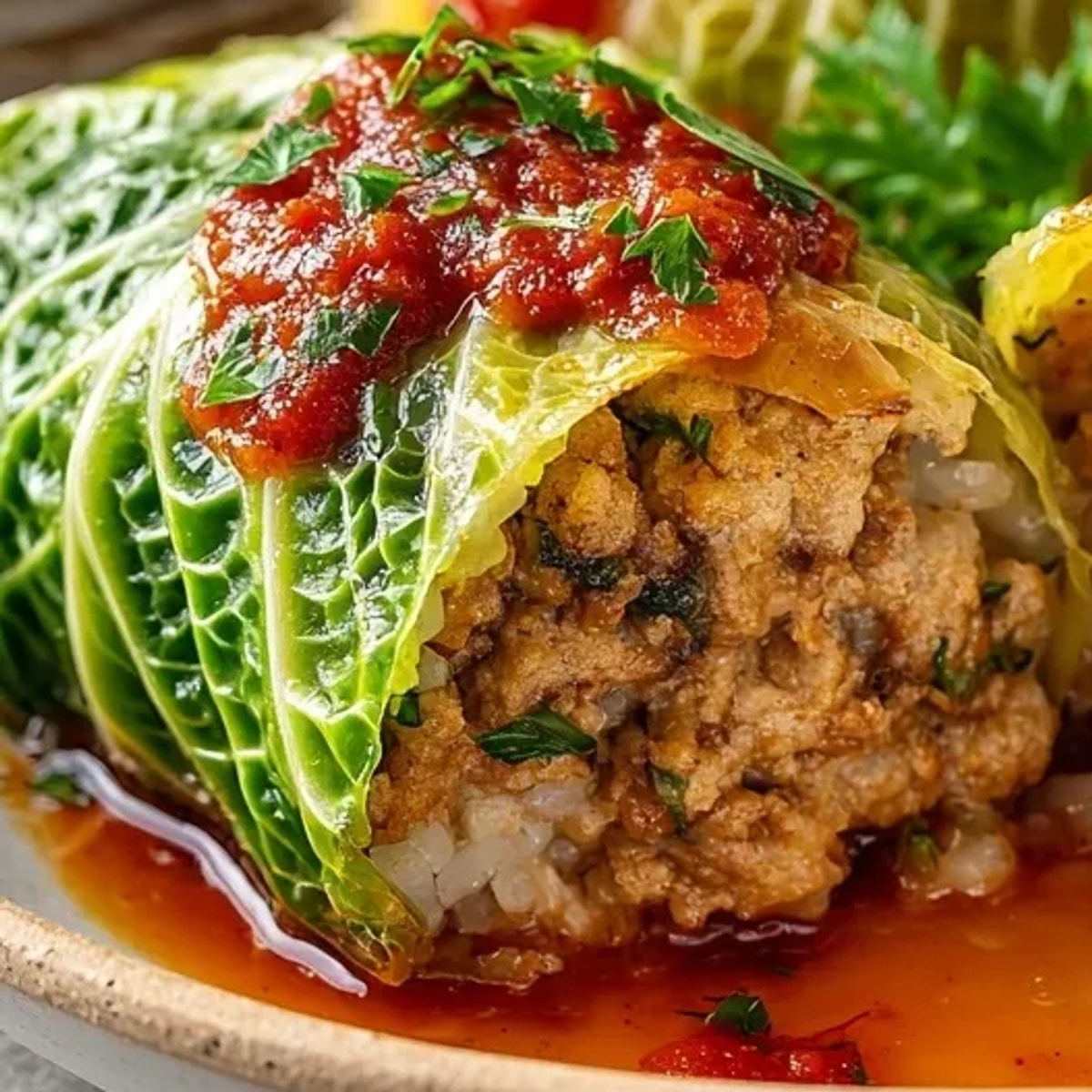 Łatwe gołąbki - soczyste liście kapusty wypełnione mięsem, ryżem, duszone w intensywnym sosie pomidorowym.