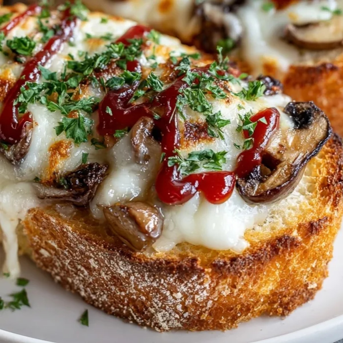 Gorąca i serowa zapiekanka, polska kanapka uliczna z pieczarkami, gotowa do skropienia keczupem.