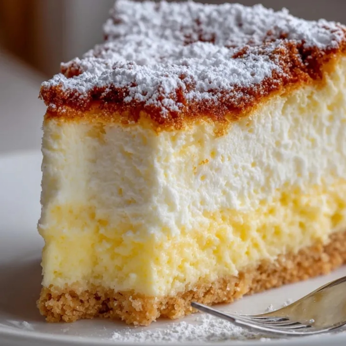 Delikatny sernik polski na kruchym spodzie, posypany cukrem pudrem, zapraszający do spróbowania.