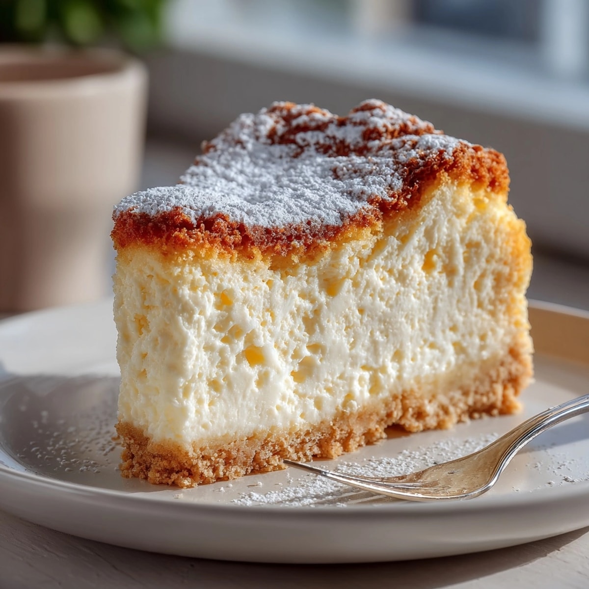 Złocisty sernik polski z kremowym nadzieniem, perfekcyjny do popołudniowej kawy z przyjaciółmi.