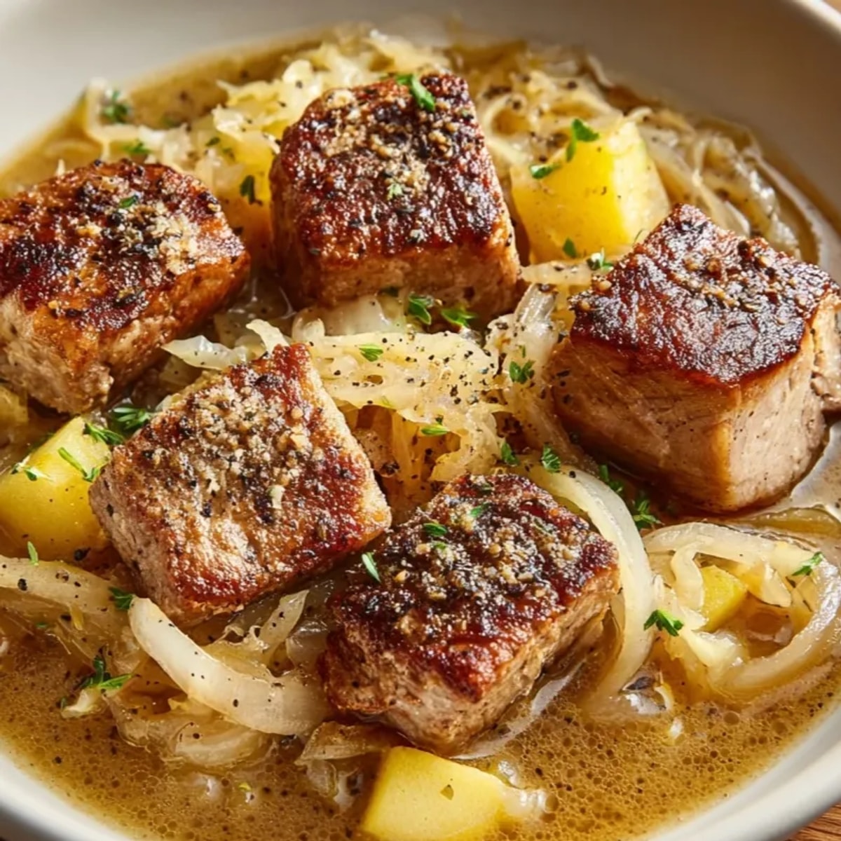 Skillet pełen soczystej wieprzowiny i pikantnej kapusty kiszonej, idealny na szybki obiad: Simple Pork and Sauerkraut Skillet.