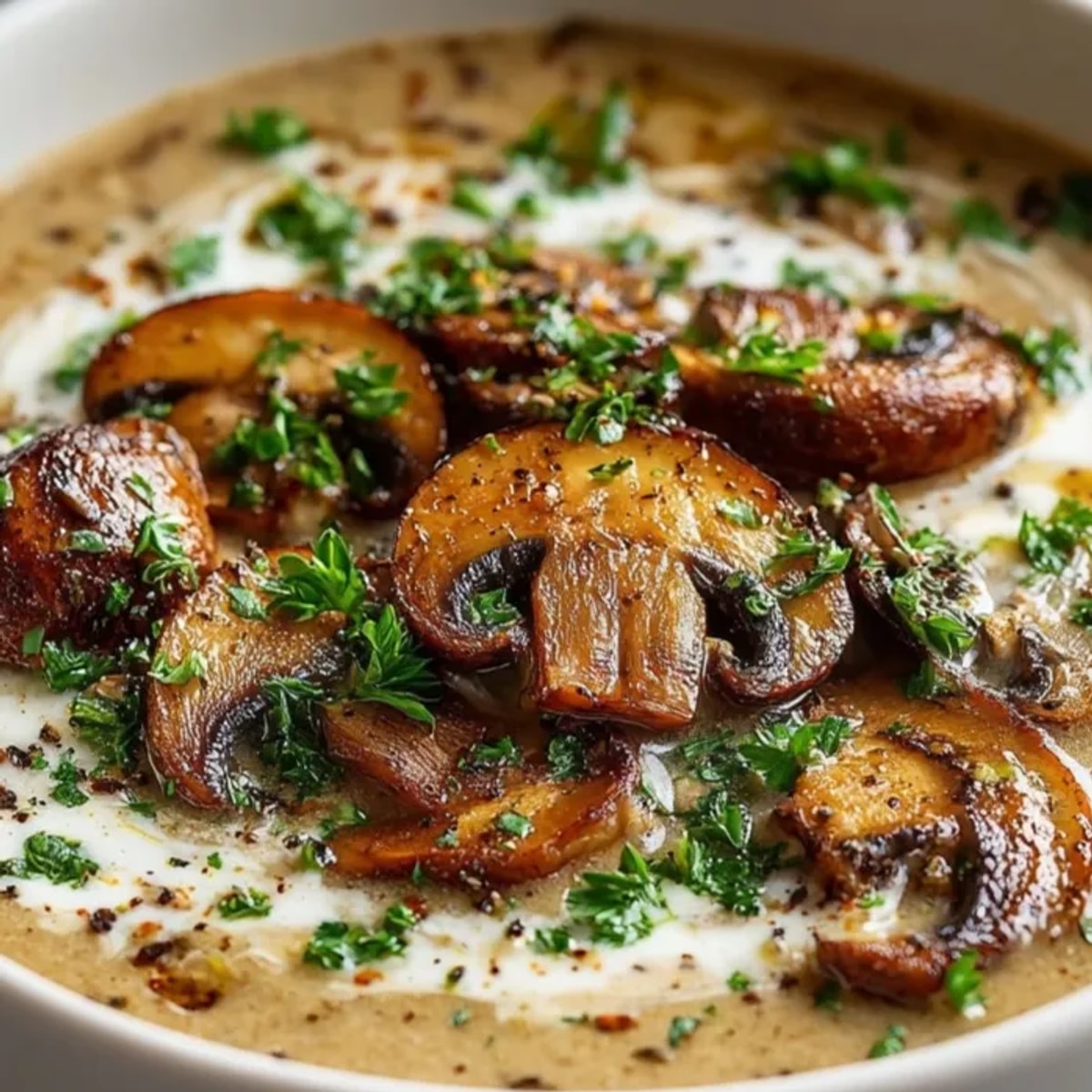 Zdjęcie Rapid Mushroom Soup: idealna na zimne wieczory, zwieńczona świeżą pietruszką.