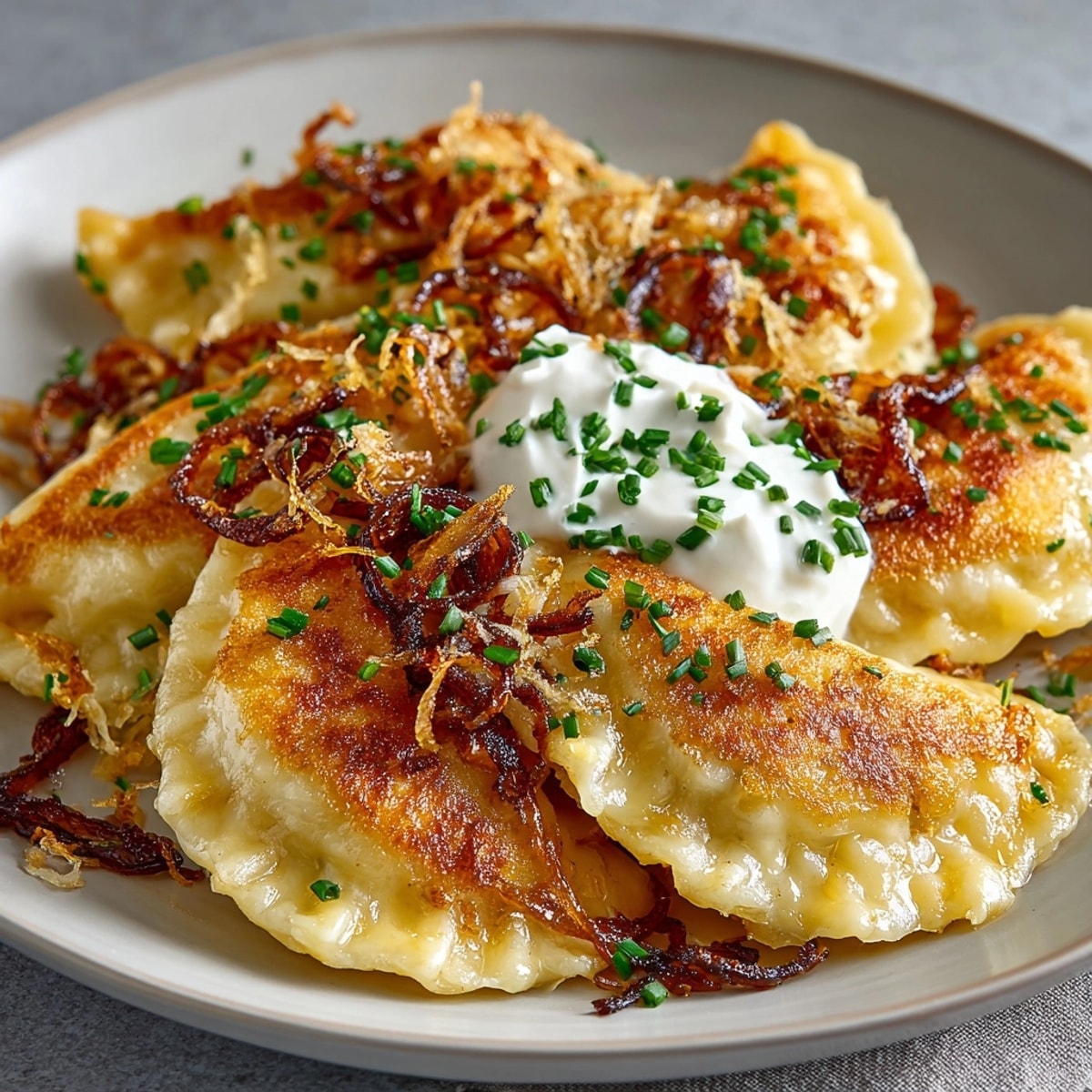Złociste, smażone pierogi ziemniaczano-serowe, idealne na ciepło z dodatkiem aromatycznych ziół.