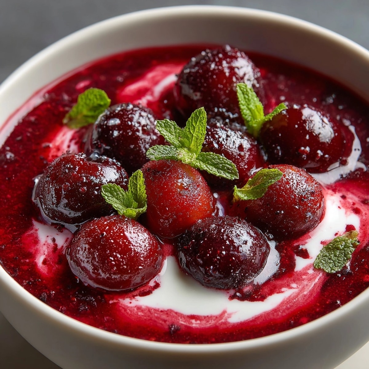 Kremowa, chłodna zupa wiśniowa z nutą cytryny i mięty, zapowiadająca orzeźwiającą eksplozję smaku.