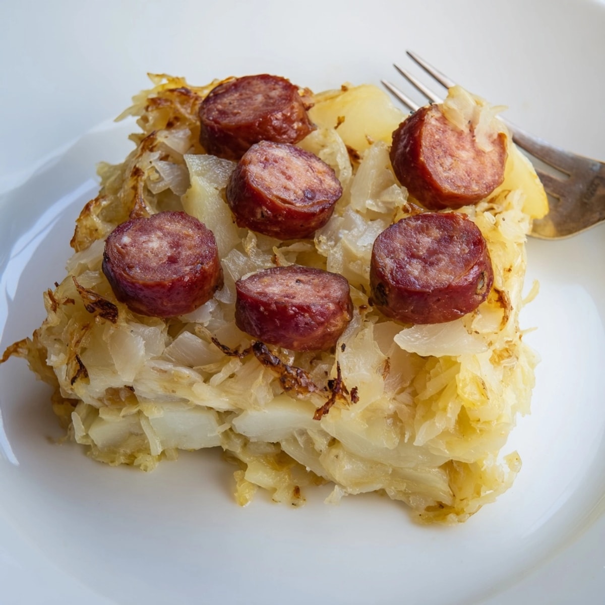 Kielbasa and Sauerkraut Bake: Layers of tangy, smoky flavor ready to enjoy.