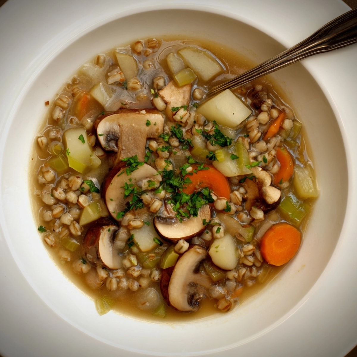 Creamy and flavorful Polish Mushroom Barley Soup: See the steam and imagine the taste.
