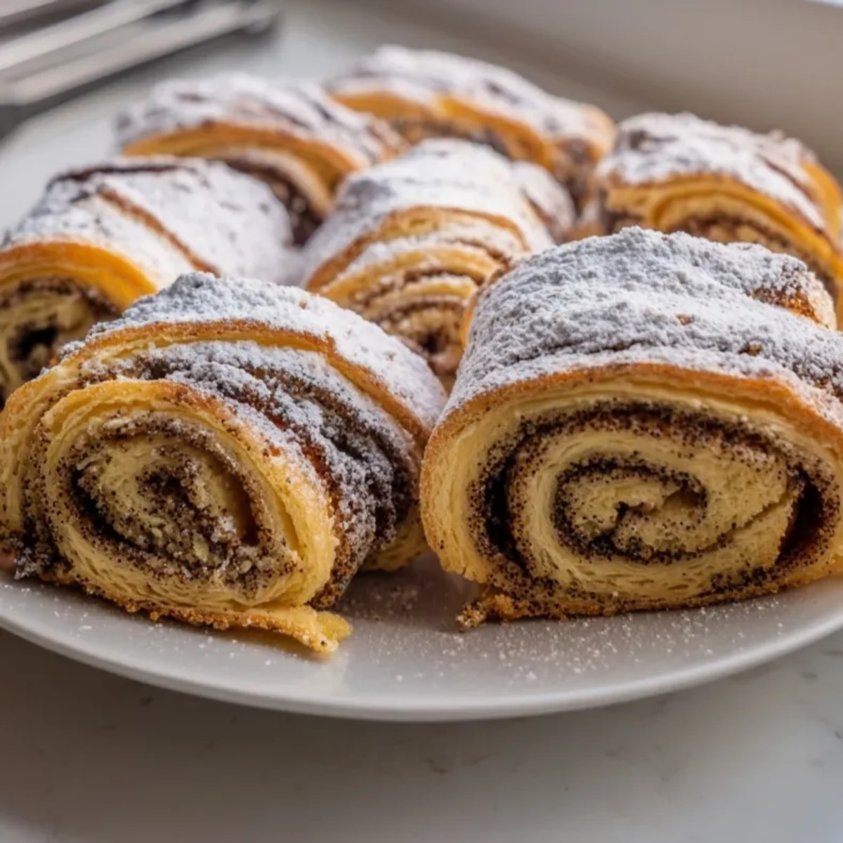 Delicate, slightly sweet Christmas Poppy Seed Roll Cookies—swirls of filling visible, sprinkled with sugar.