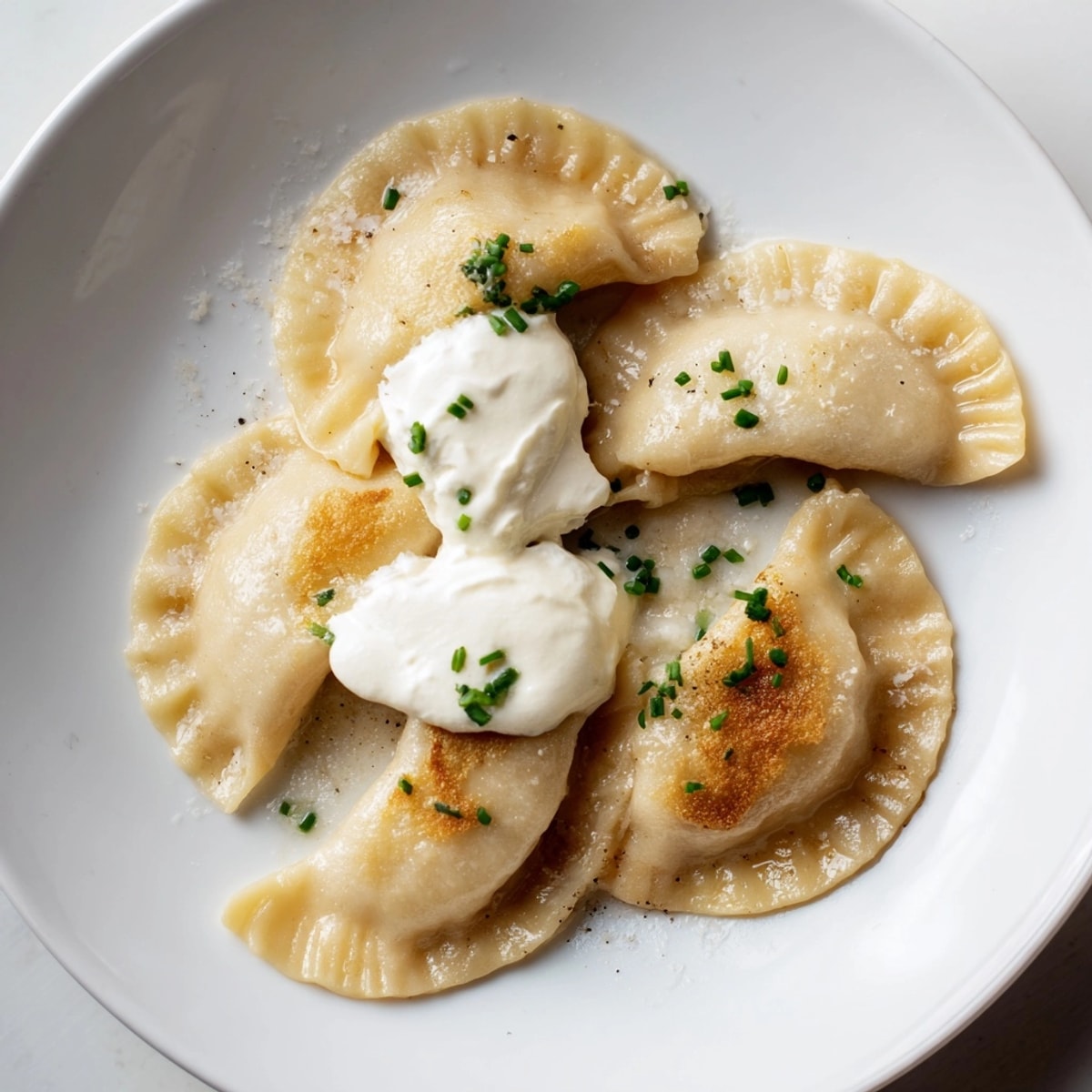 Close-up showing tender dough filled with fluffy garlic mashed potato filling in these pierogi.