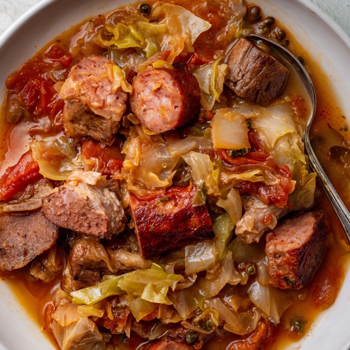 A steaming bowl of Rustic Hunter's Stew, Bigos, packed with meat and cabbage.