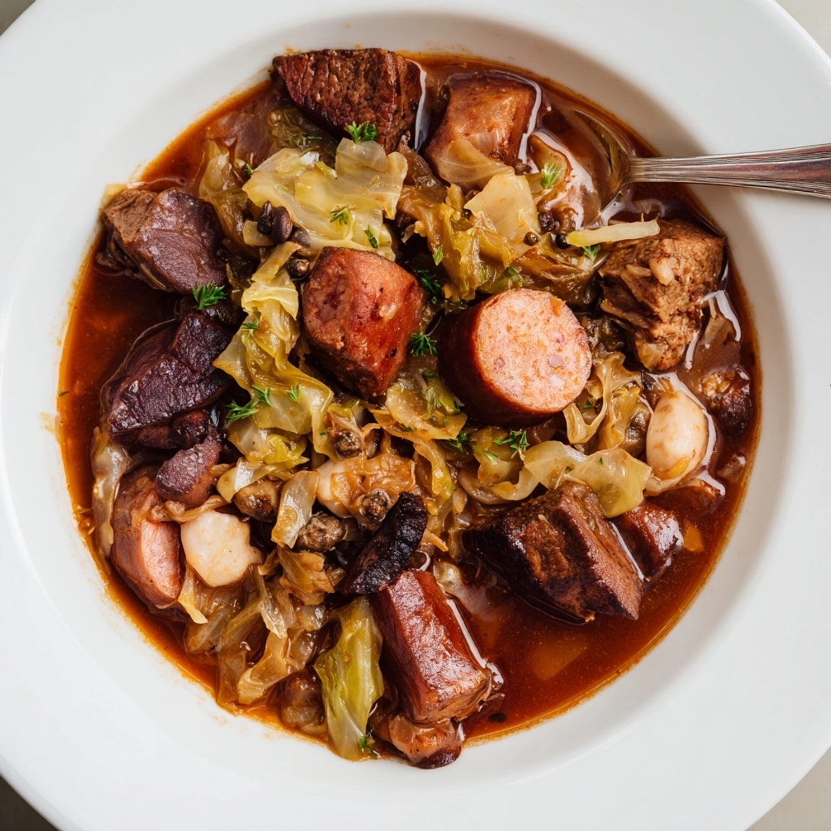 Savory Rustic Hunter's Stew recipe with sauerkraut, a flavorful Polish one-pot comfort food.