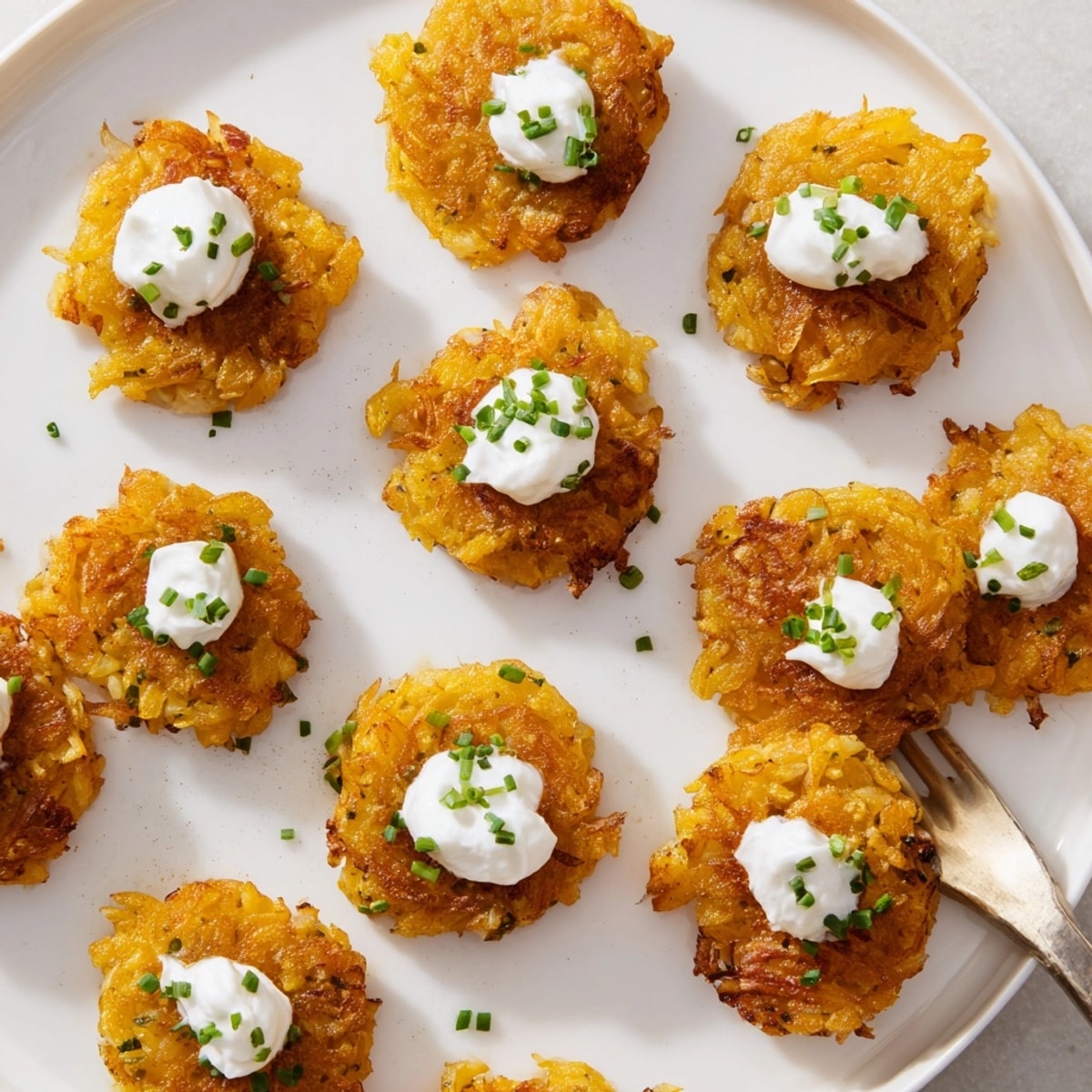 Świeżo usmażone Polish Potato Pancake Bites pachnące cebulą, gotowe do zanurzenia w śmietanie.