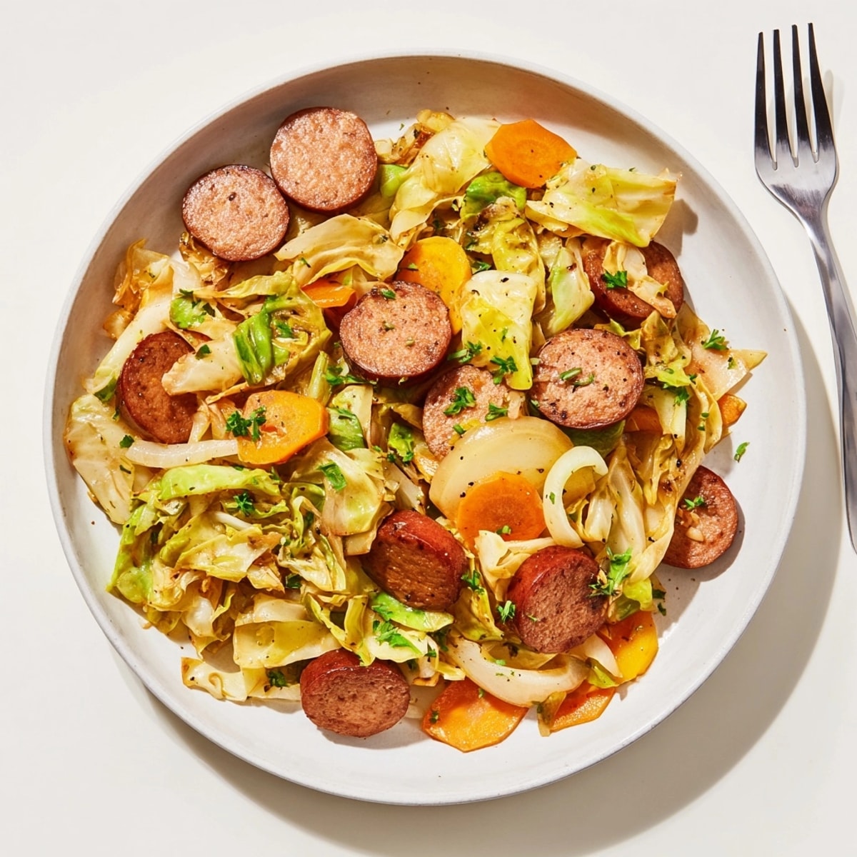Apetyczna, rumiana kiełbasa i kapusta w "Cozy Cabbage & Kielbasa Skillet", aromatyczna uczta w jednym naczyniu.