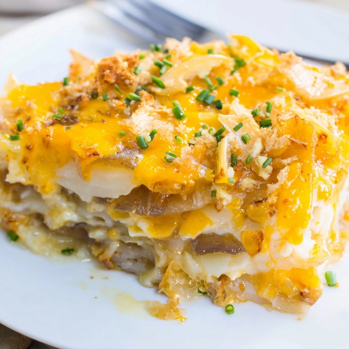 Golden brown Pierogi Casserole with Cheese Sauce, bubbly and ready to serve warm.