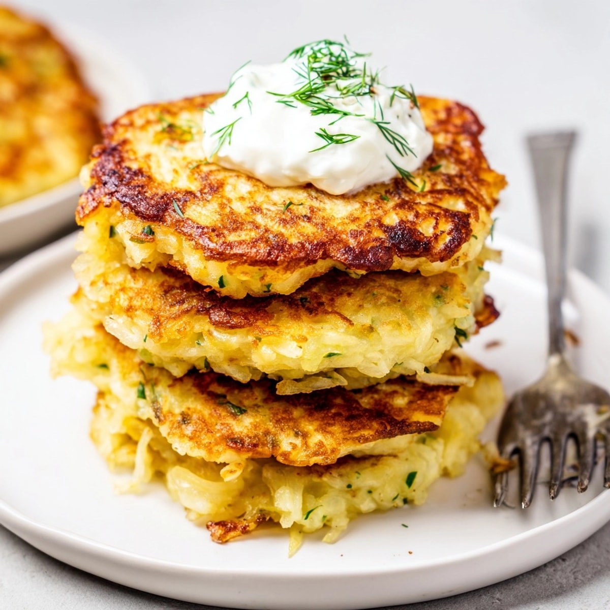 Złote placki ziemniaczane, smażone do chrupkości, podane z kwaśną śmietaną.