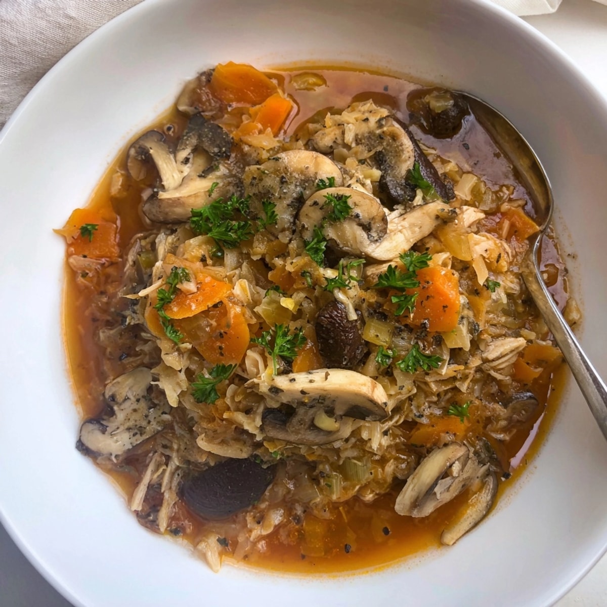 A steaming bowl of Sauerkraut and Mushroom Hunter’s Stew, garnished with fresh parsley.