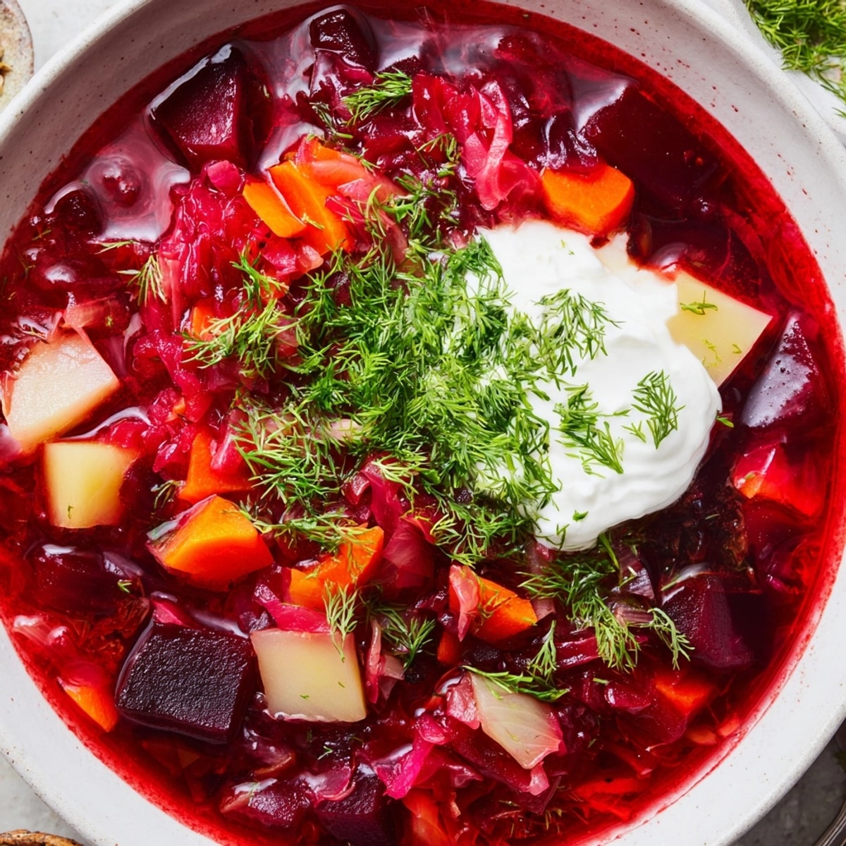 Żywy Beetroot Borscht z kleksem kwaśnej śmietany czeka na spróbowanie, pyszna fotografia przepisu.