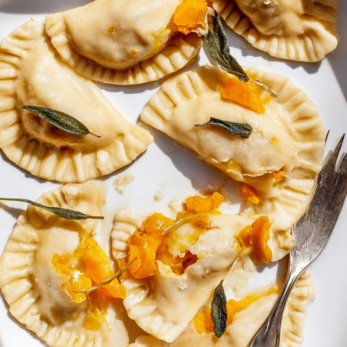 Close-up of delicious pierogi with autumn pumpkin filling; crimped edges, fresh sage garnish, ready to eat!