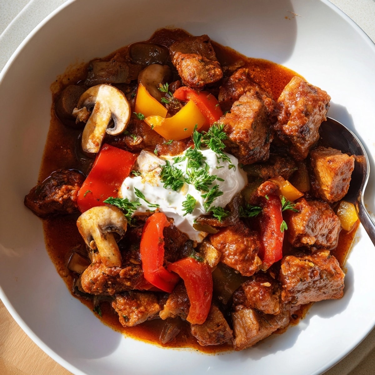 Pyszny, sycący gulasz wieprzowy po polsku z delikatną wieprzowiną, grzybami i papryką.