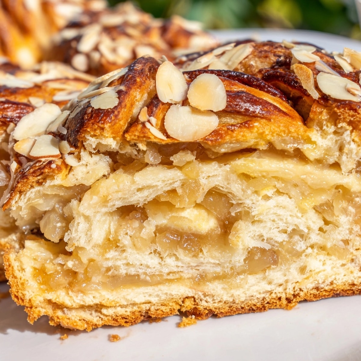 Golden brown, braided Pear & Almond Babka, a sweet breakfast bread ready to slice.