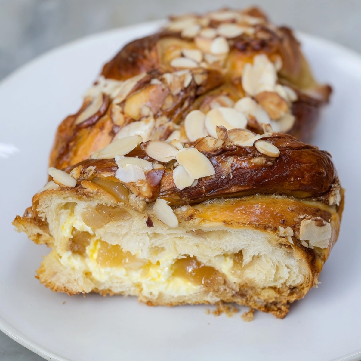 Warm baked Pear & Almond Babka showing almond topping; serve slices for breakfast.