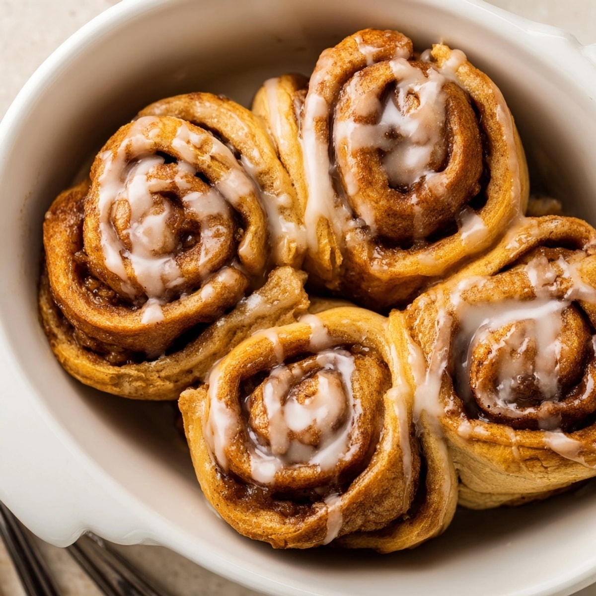 Warm, golden-brown Cinnamon Rye Rolls glistening with glaze, a comforting homemade breakfast treat.