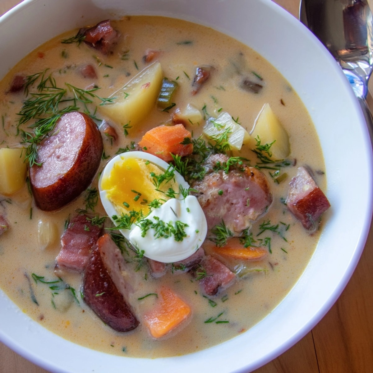 Aromatyczna, kremowa zupa Żurek ze wędzoną kiełbasą, parująca w misce, z dodatkiem świeżego koperku.