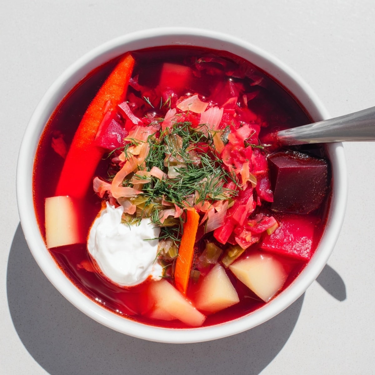 Homemade Autumn Vegetable Barszcz, a Polish beet soup, ready to enjoy warm with cream.