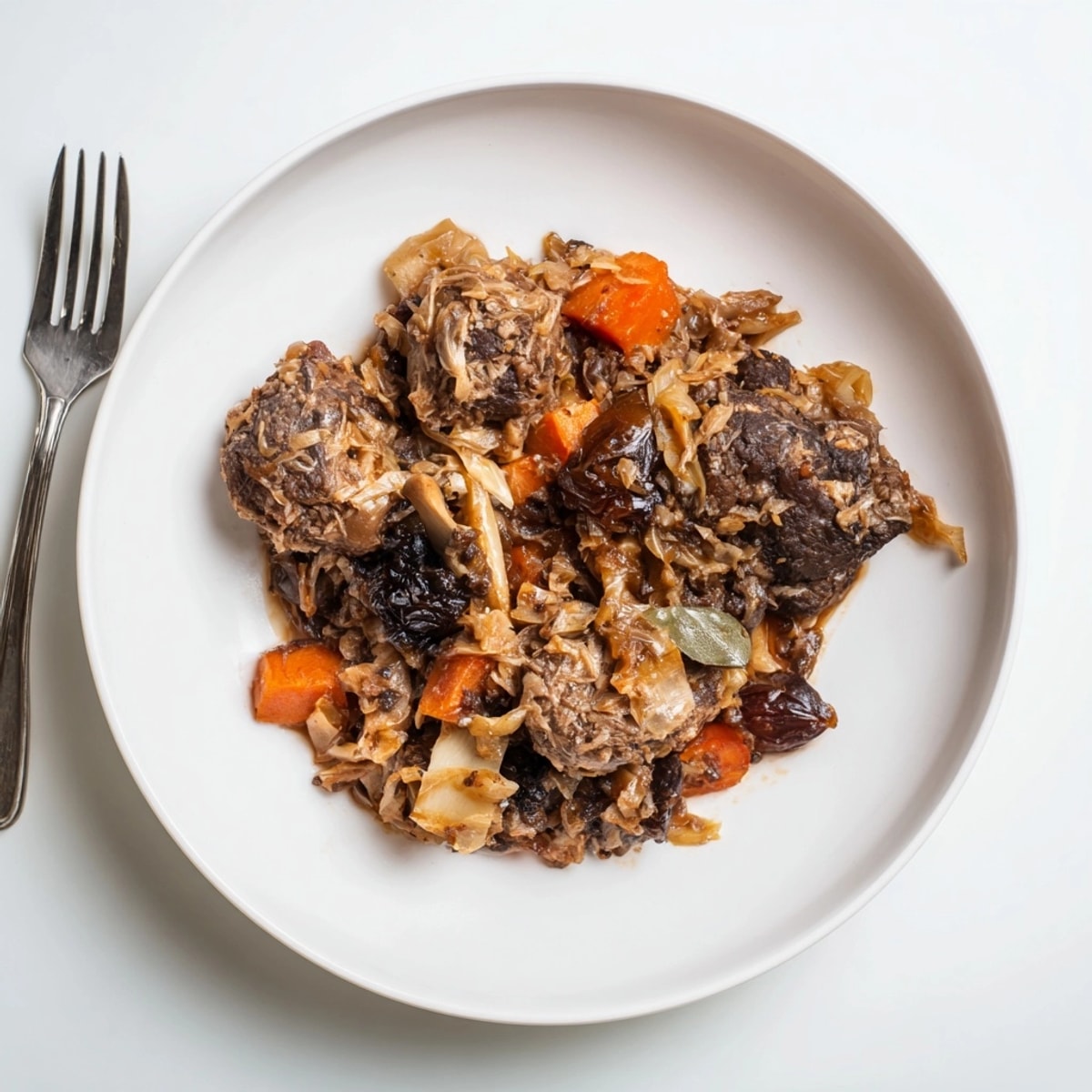 Domowy Wild Mushroom Bigos, bogaty w smaki lasu, podany na talerzu gotowy do spożycia.