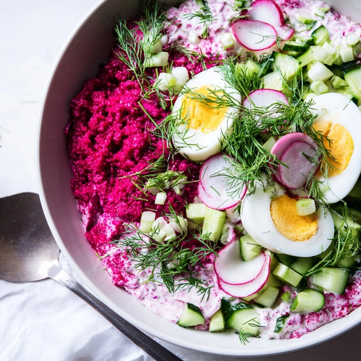 Chłodnik photo: A refreshing Polish cold soup, vibrant pink with beets, topped with dill.