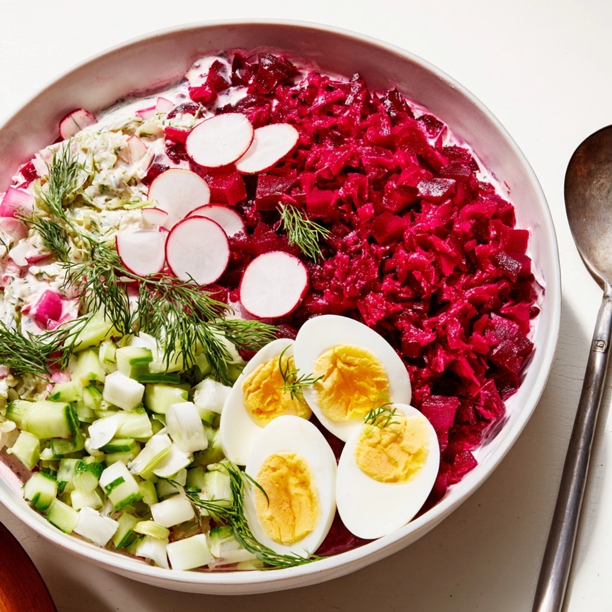 Creamy bowl of bright pink Chłodnik, a chilled beet soup garnished with dill and egg.
