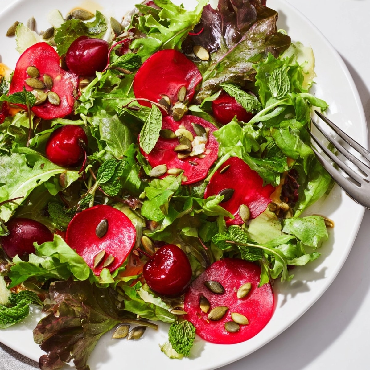 Słodka i cierpka sałatka z czereśni i piklowanej rzodkiewki, posypana chrupiącymi pestkami dyni.