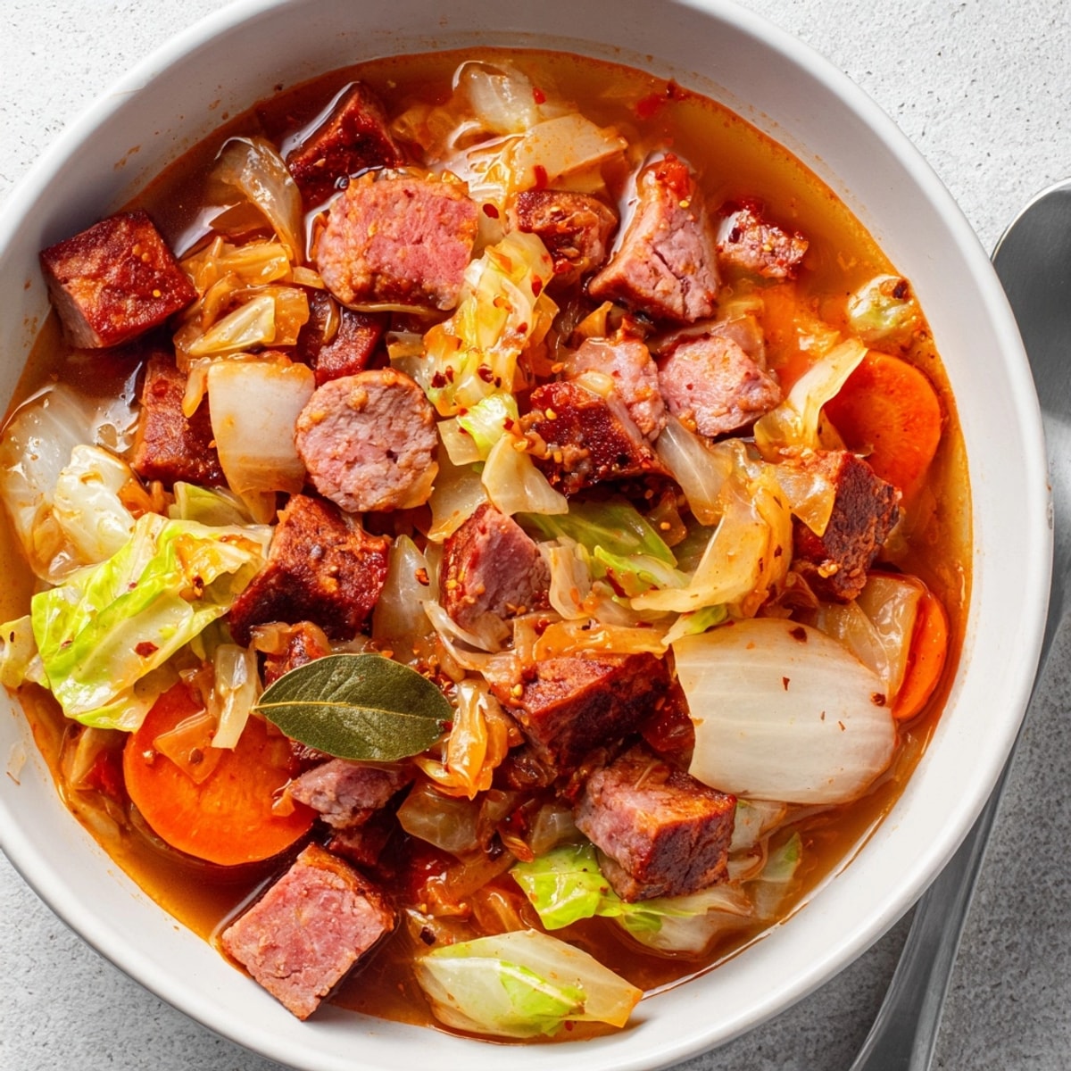 Close-up shows colorful Fusion Kimchi Bigos, showcasing sauerkraut, kimchi and kielbasa, simmering to perfection, spicy and tangy.