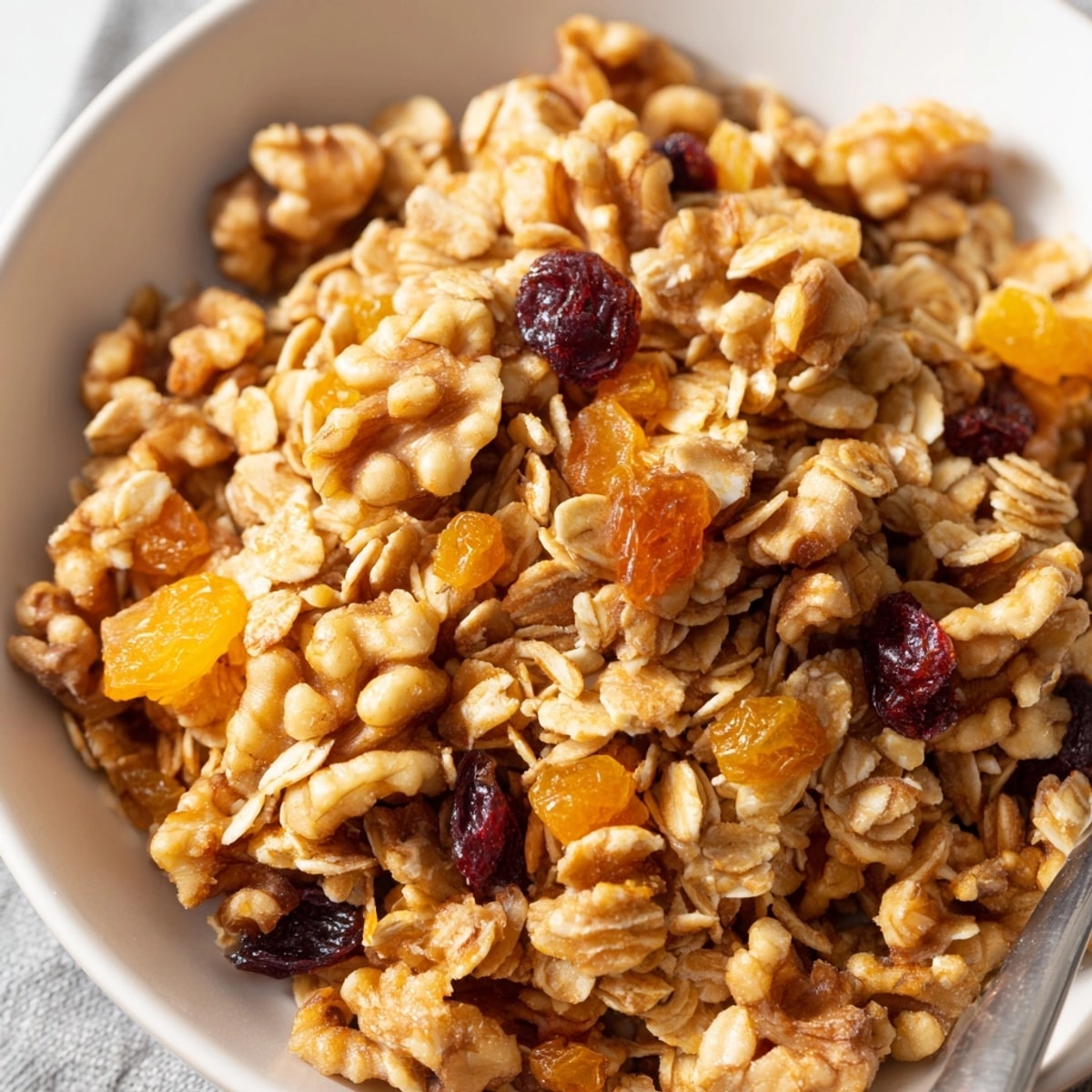 Domowy poranny płatek owsiany z suszonymi owocami i orzechami włoskimi, idealna kompozycja smaków na dobry początek dnia.