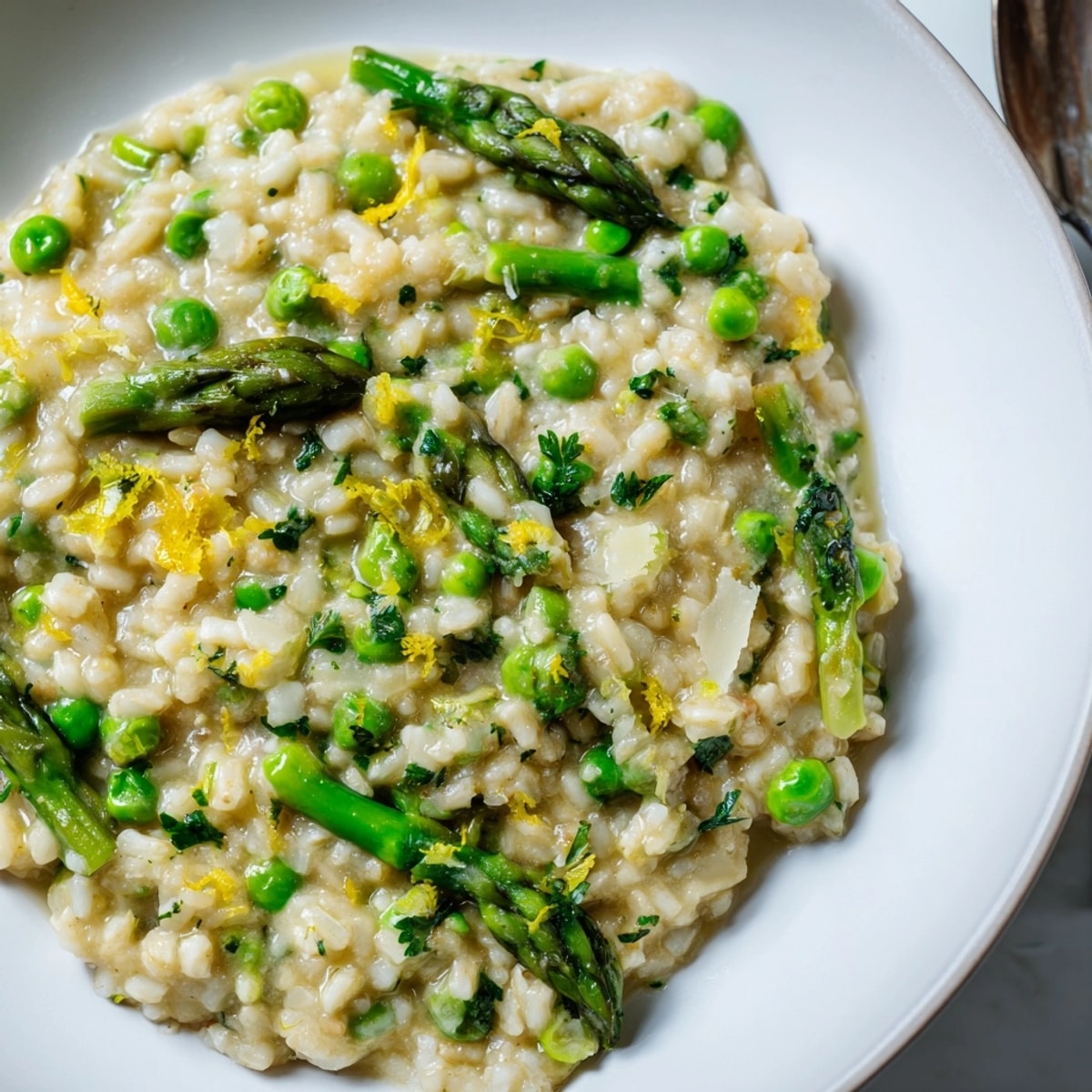 Kremowe jęczmienne risotto z zielonymi szparagami i groszkiem: świeże, domowe i sycące danie.