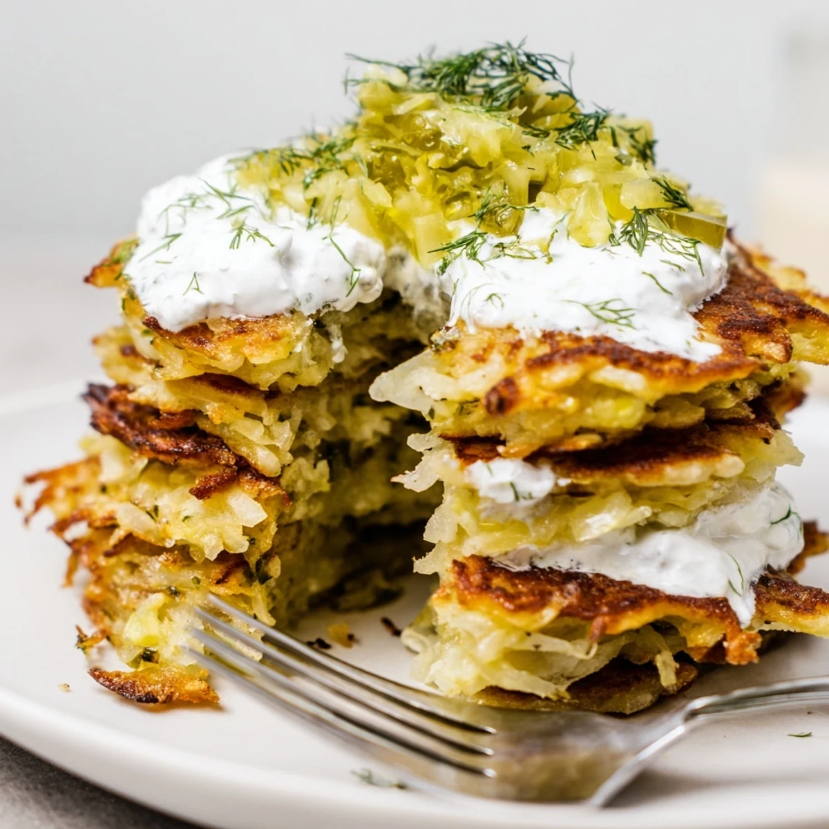 Crispy Dill Pickle PlackiStacks topped with creamy sour cream and fresh dill.
