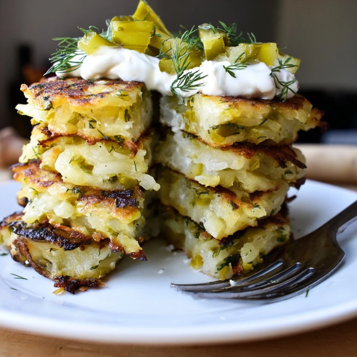 Golden-brown Dill Pickle PlackiStacks served with tangy pickles and vibrant garnishes.