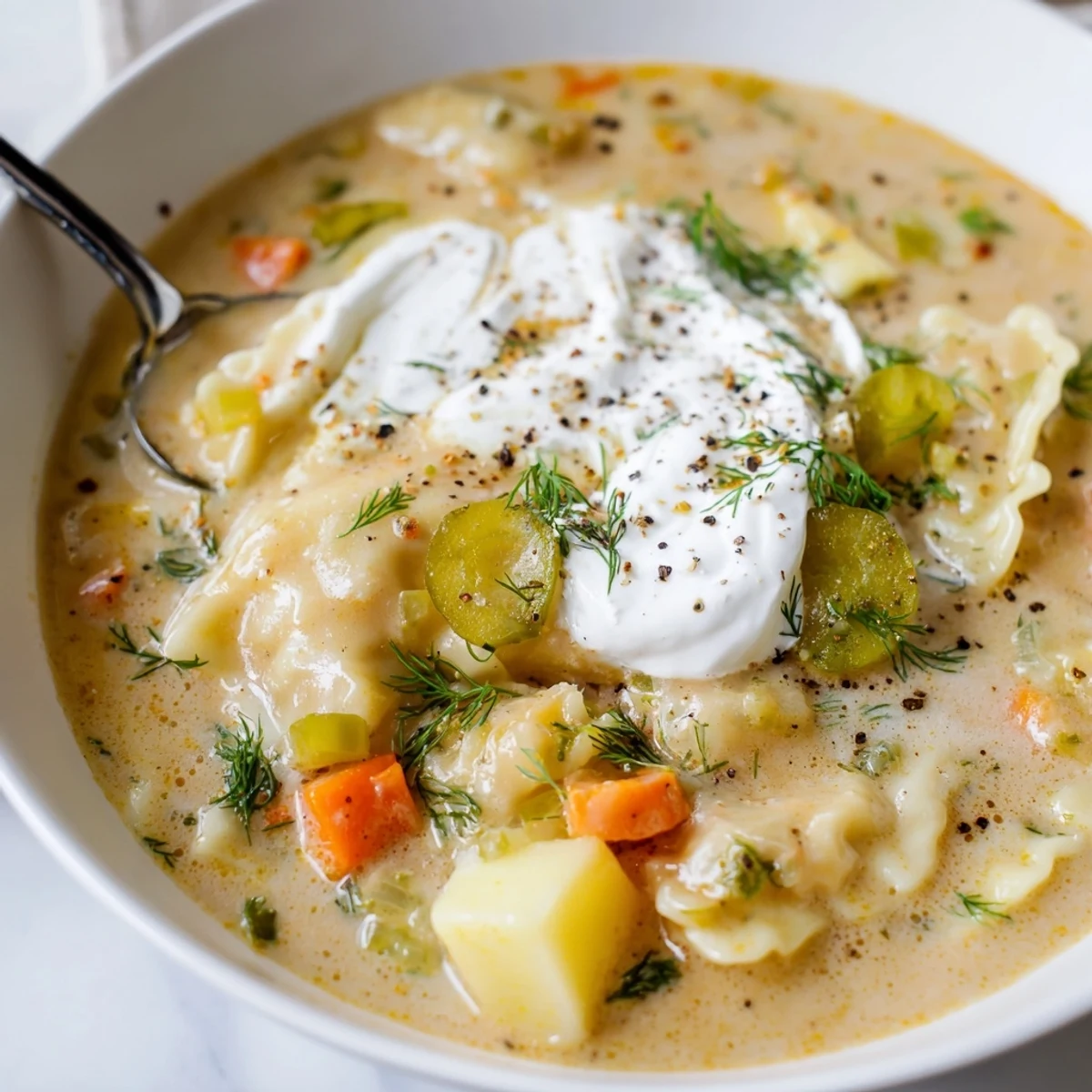 Hearty Pickle Pierogi Lasagne Soup with creamy cheese and fresh dill delights the senses.