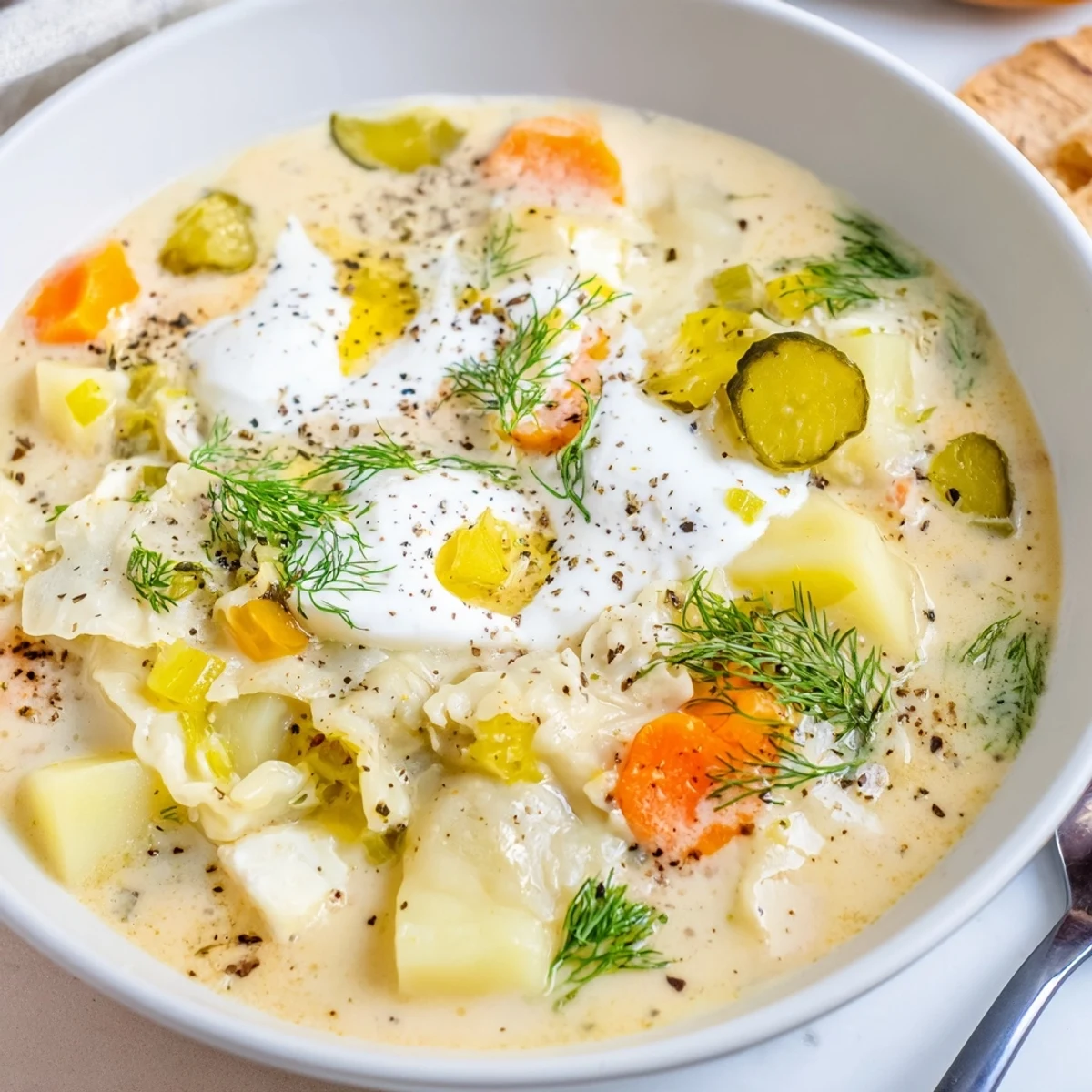 Comforting Pickle Pierogi Lasagne Soup served with sour cream and vibrant dill garnish.