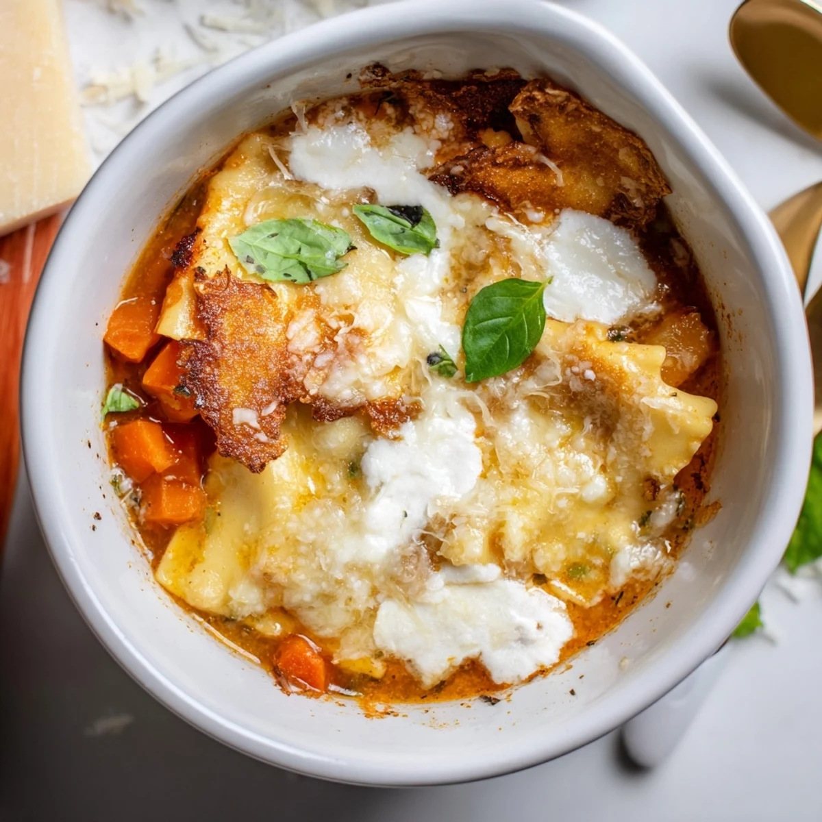 Comforting Smoked Cheese Lasagne Soup Bowls topped with bubbling cheese and fresh basil.